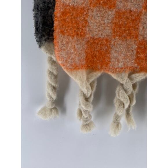PRETTY SIMPLE Women's Beige-Orange-Black Autumn Spice Checkered Fringe Scarf - Picture 6 of 10
